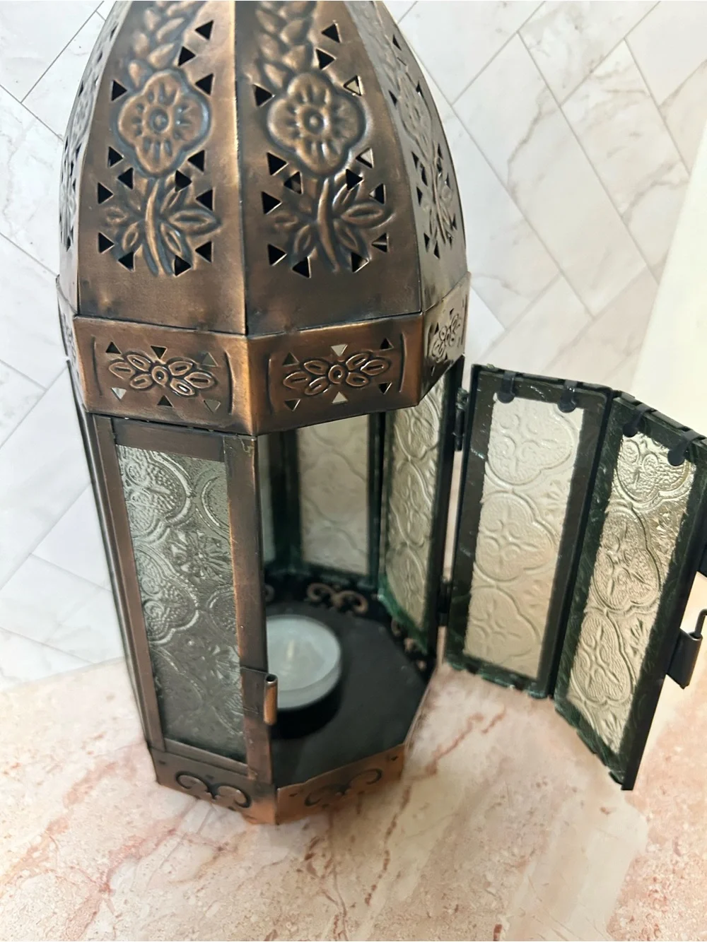 Antique- Moroccan Style Copper Lantern with Green Glass Panel